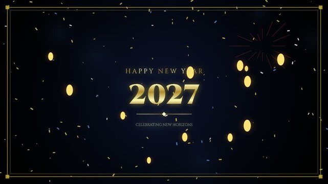 Happy new year 2027 celebration greeting card with golden confetti