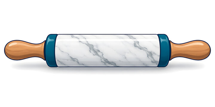A marble pastry rolling pin with polished stone barrel and wooden handles, isolated on white