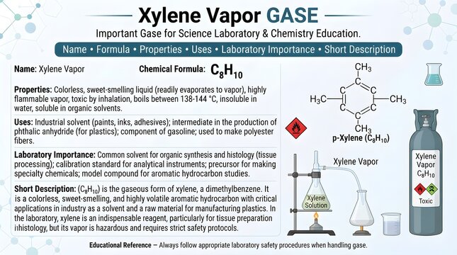 Xylene vapor gas educational laboratory reference chart highlighting formula C8H10, aromatic isomer structures, solvent properties, paint and printing uses, volatility, flammability, toxicity, and saf