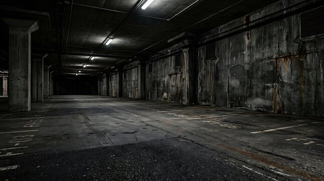 Empty dark industrial underground parking garage with concrete walls and low ceiling lights