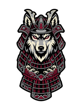 Majestic Wolf Warrior Wearing Traditional Japanese Samurai Armor with Intricate Ornamental Detailing and Deep Crimson Accents for Modern Apparel Design