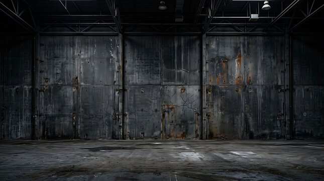 Empty dark room with weathered concrete walls and floor in an old industrial building interior