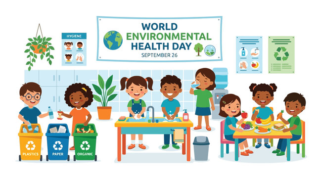 World Environmental Health Day: Diverse kids practice hygiene, recycling, and healthy eating