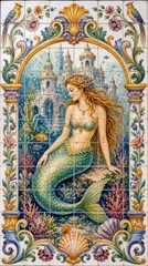 Obraz premium Art nouveau mermaid fantasy mobile wallpaper with blonde woman and seaside palace