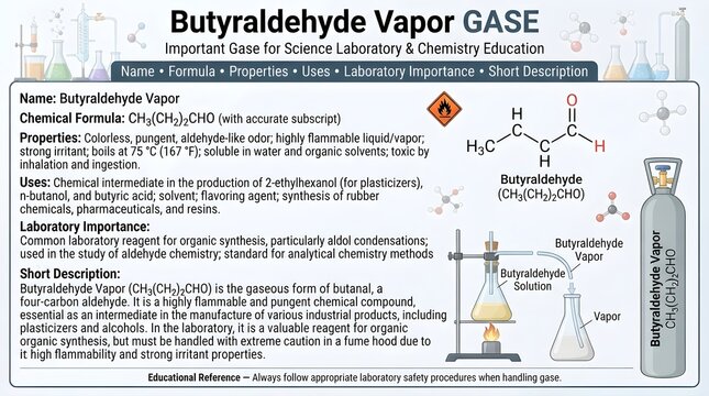 Butyraldehyde vapor gas educational laboratory reference chart showing formula C4H8O, molecular structure, aldehyde properties, pungent odor, oxidation reactions, industrial uses, hazards, and safety 