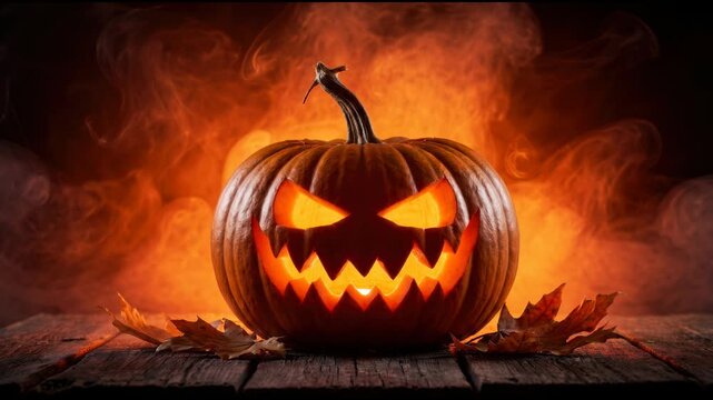 Scary glowing Halloween pumpkin with evil face surrounded by fire smoke and autumn leaves