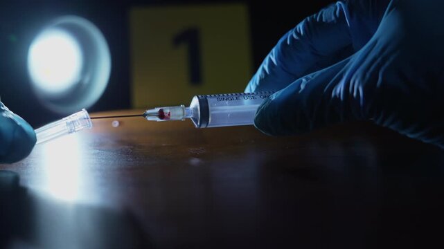 Homicide investigation of a gloved hand pushing a cap onto a bloody syringe beside a yellow evidence marker under a side flashlight and police lights, suspenseful mood.