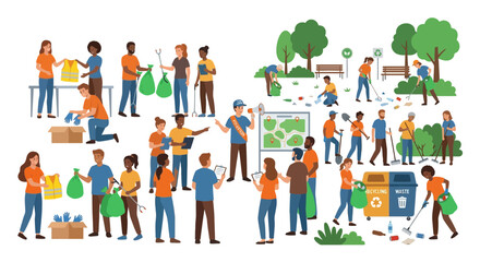 Fototapeta premium Diverse volunteers cleaning up park and community, environmental awareness, teamwork