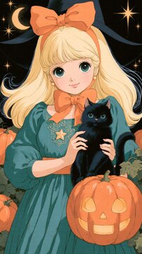 Cute witch with cat and pumpkins in whimsical style