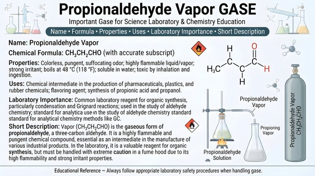 Propionaldehyde vapor gas educational laboratory poster presenting formula C3H6O, molecular structure, aldehyde properties, fruity odor, oxidation reactions, resin production uses, flammability, and s
