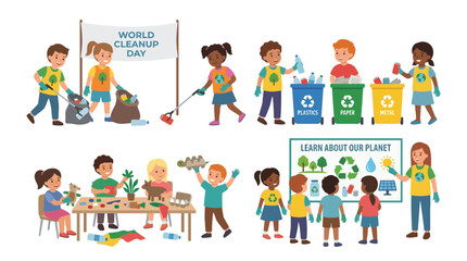 Fototapeta premium Children Participate in World Cleanup Day Activities, Sorting Recycling and Learning About Planet