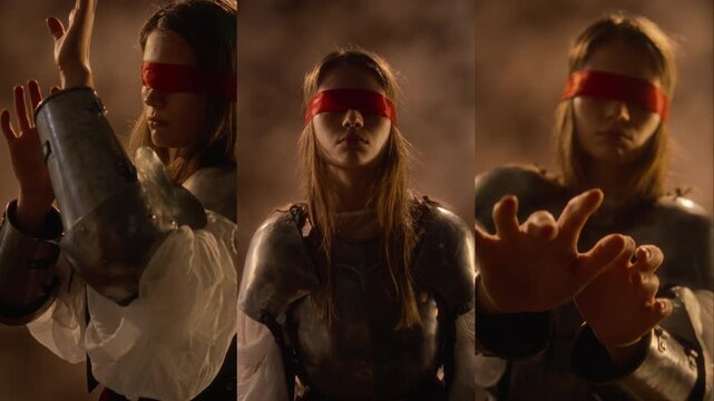 Blindfolded Caucasian young woman in knight armor reaching out blindly in split screen presentation. Suitable for cinematic trailers and fantasy game promotion