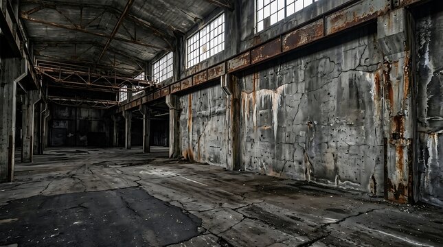 Old abandoned industrial warehouse interior with broken windows and dark concrete walls