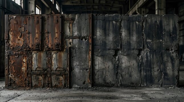 Old dark metal shipping container wall with rusted texture in a dim industrial warehouse