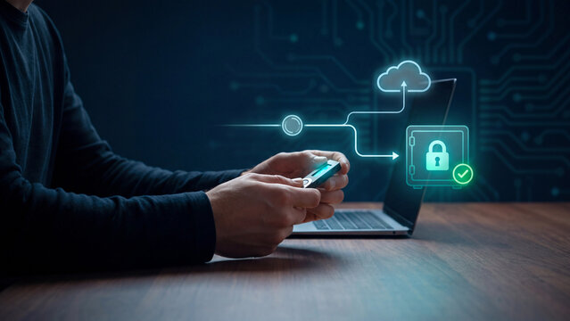 Cold storage crypto backup and data encryption, man hands holding usb hardware key at laptop in dark room with cloud, vault and padlock icons for wallet security and offline file transfer