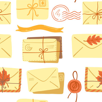 Vintage autumn mail seamless pattern, yellow paper envelopes bundle tied string wax seal postmark fall leaves vector
