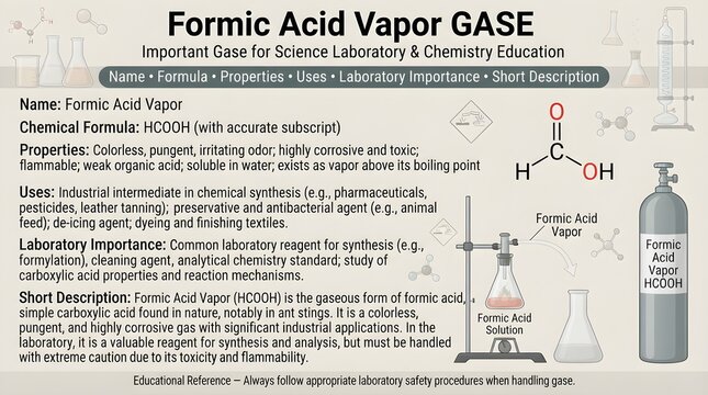  Formic acid vapor gas science laboratory reference poster showing formula HCOOH, molecular structure, carboxylic acid properties, pungent odor, reducing behavior, preservation uses, toxicity, and saf