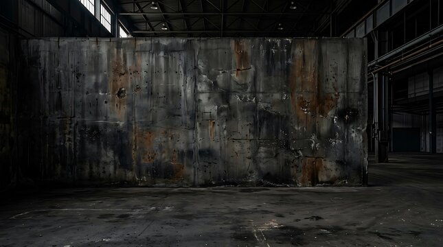 Old rustic brick wall inside a dark abandoned industrial factory warehouse building