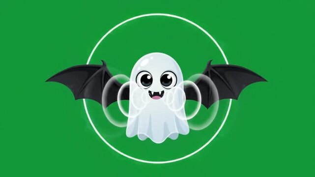 Cute bat ghost flapping in neon ring green screen 4k for halloween.