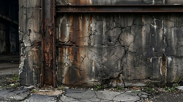 Old weathered stone wall with dark cracks in a shadowy urban alleyway at night