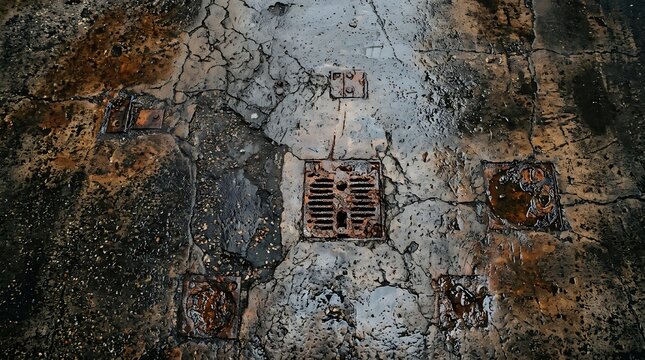 Old metal drain cover set in cracked grey concrete pavement on a dark urban street sidewalk