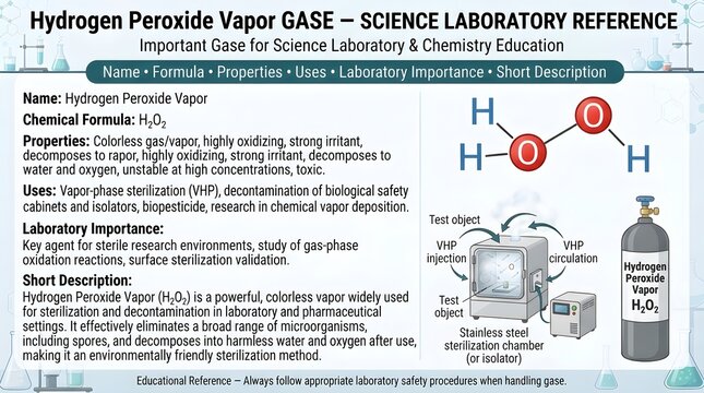  Hydrogen peroxide vapor gas laboratory reference chart highlighting formula H2O2, molecular structure, sterilization applications, oxidizing power, decomposition behavior, disinfection uses, and safe