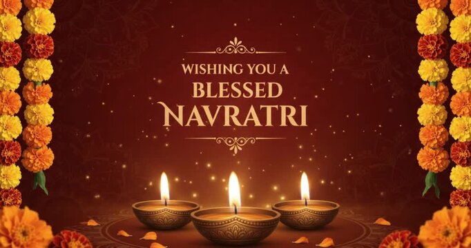 Blessed Navratri greeting video background with glowing diya lamps and marigold garlands
