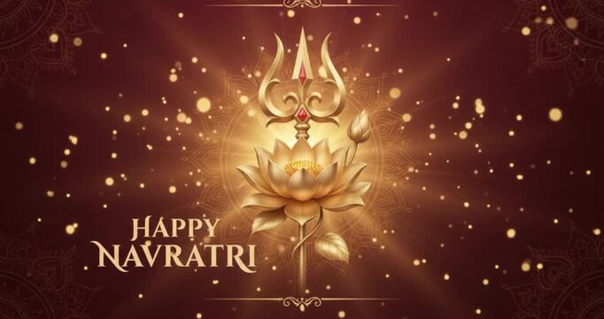 Happy Navratri greeting video background with golden trident and lotus flower