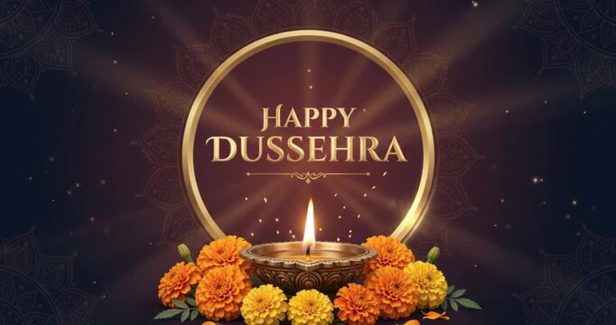 Happy Dussehra video background with glowing diya lamp and golden ring frame