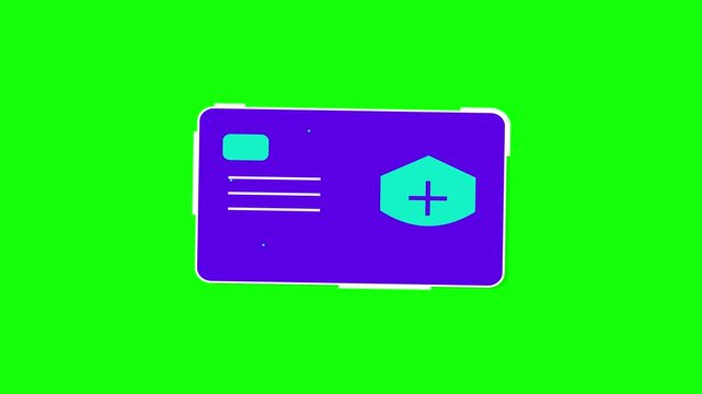 Medical insurance card animation icon featuring a purple digital health ID with a cross shield symbol and teal chip on a bright green screen background for motion graphics use.