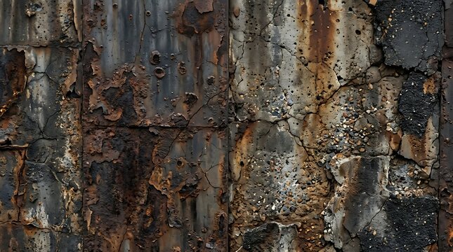 Abstract dark metal texture with rusted orange and green mossy patches on a weathered surface