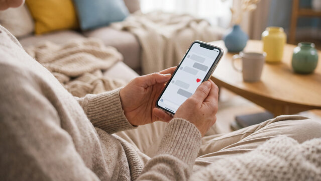 Senior woman texting on smartphone at home, elderly hands holding mobile phone with blank chat bubbles and red heart on cozy sofa for family communication, social app and online dating