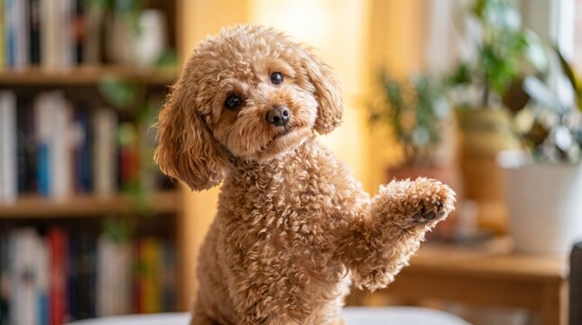 Cute poodle puppy sitting indoors with paw raised