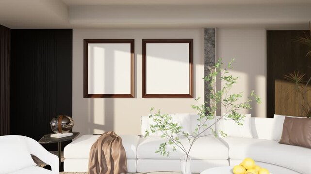Ultra Realistic Modern Luxury Living Room &ndash; Slow Cinematic Zoom Into Blank Wooden Photo Frames on Beige Wall