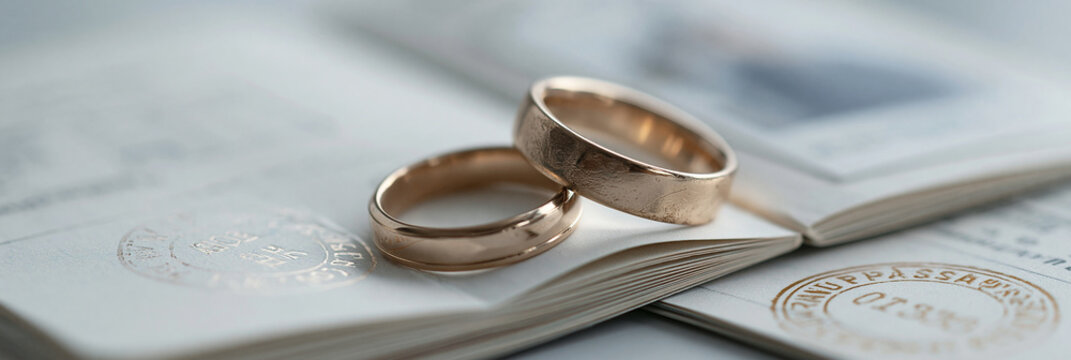 Elegant gold wedding rings resting on a passport with stamps.