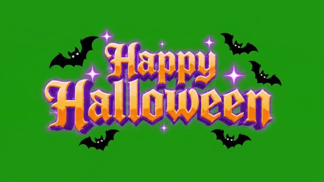 Happy halloween animated text on green screen with flying bats. 