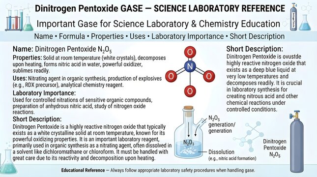 Dinitrogen pentoxide gas educational chemistry reference poster presenting formula N2O5, molecular structure, nitric acid anhydride role, strong oxidizing properties, nitration uses, reactivity, and h