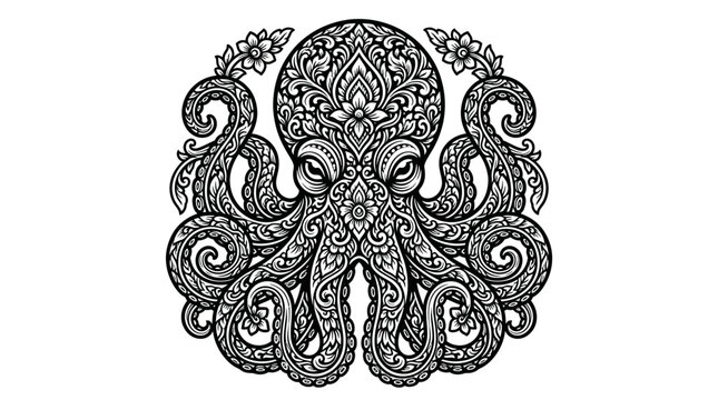 Detailed mandala octopus with floral and swirl patterns.