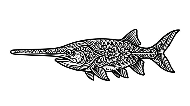 Detailed sawfish illustration with floral and geometric patterns.