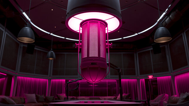 Futuristic pink microphone in a modern studio setting, showcasing sleek design.