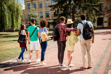 Fototapeta premium Six friends walking on a university campus on a sunny day, students with backpacks enjoying campus life and friendship