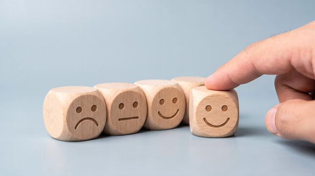 Human hand selecting smiling face engraved upon wooden cube from row showing different emotional expressions against solid gray studio background