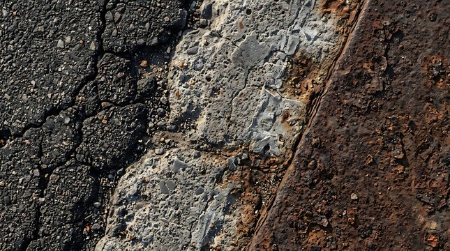 Close up of dark cracked asphalt road surface with rough texture and gray pavement details