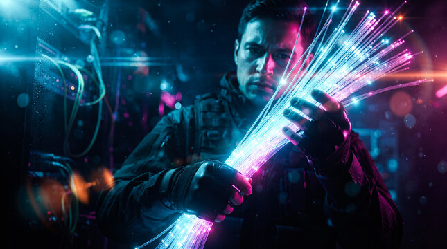 Serious male technician wearing tactical gear holding glowing fiber optic cables inside dark server room featuring bright pink cyan neon lights shining
