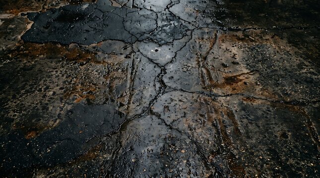 Close up of dry cracked mud ground with a small orange leaf resting on the dark textured surface
