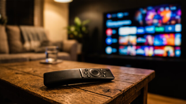 Remote control resting on rustic wooden coffee table facing large flat television screen displaying colorful streaming menu inside dim empty living room