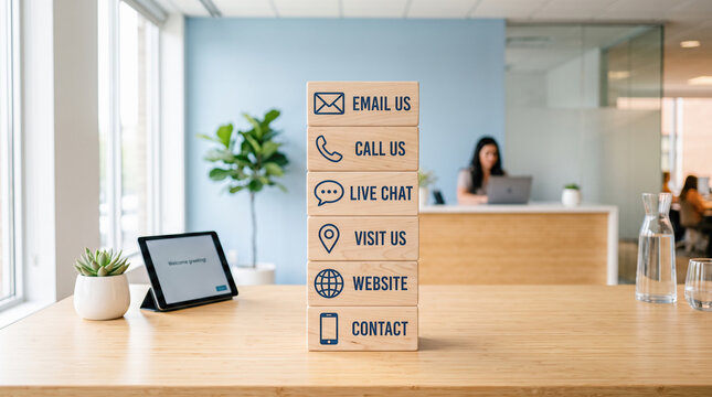Vertical stack containing six wooden blocks displaying various digital contact methods including email phone chat location website resting atop modern reception desk