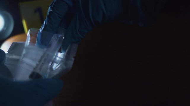 Crime scene evidence, gloved hands putting a capped bloody syringe into a plastic bag and sealing the zip near a yellow marker under flashing police lights.
