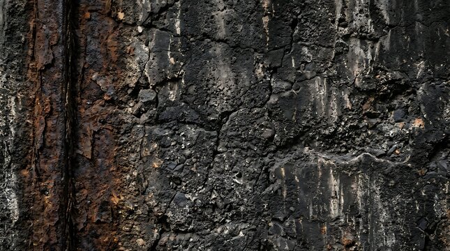 Close up view of dark burnt wood charcoal texture with rough cracks and black charred surface