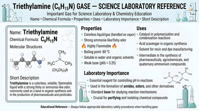 Triethylamine gas science laboratory reference infographic with formula C6H15N, molecular structure, physical properties, strong odor, base catalyst uses, organic synthesis roles, hazards, and safety 